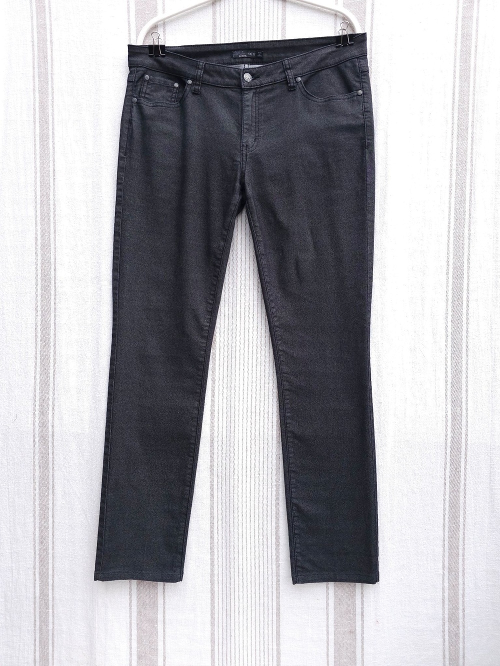 PrAna Kara Jeans Womens 14 36x32 Gray Denim Skinny Slim Stretch Travel Hiking